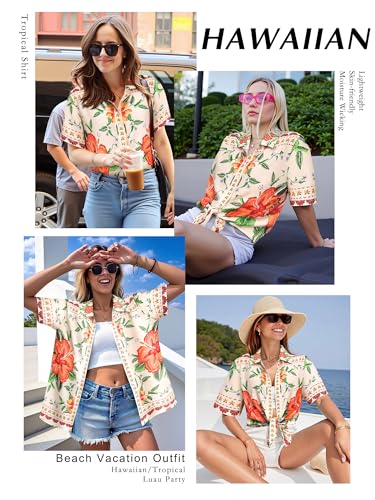 MYMORE ❷⓿❷❺ Womens Hawaiian Shirt Luau Party Tropical Vacation Button Down Shirts Short Sleeve Beach Hawaii Floral Print Top4
