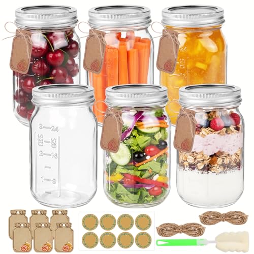 1000ml Glass Mason Jars 6-Pack with Silver Lids Leakproof for Oats & Jam