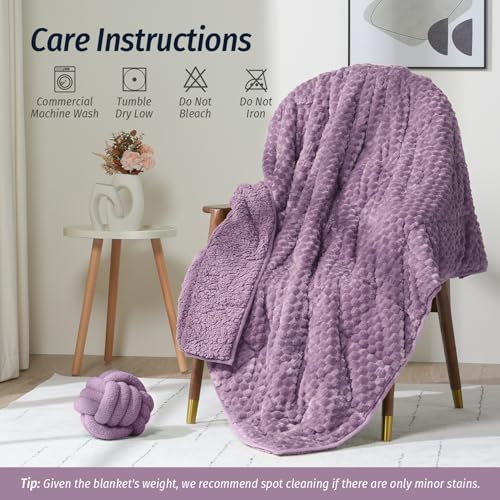 Wemore Fleece Weighted Blanket for Adults (60" x 80" 20lbs, Purple), Dual Sided Cozy Soft Sherpa Heavy Blanket, 3D Imitation Turtle Shell Warm Jacquard Flannel Weighted Blankets for Couch and Bed