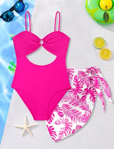Image of MIGU Girls One Piece Swimsuits Adjustable Straps Cutout Bathing Suit with Tropical Print Cover Up for Swimwear
