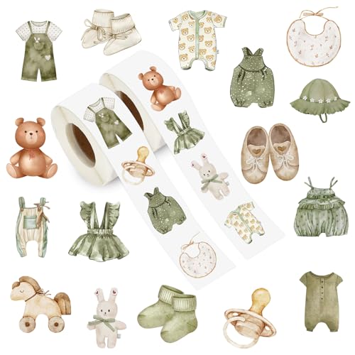 JarThenaAMCS 1008Pcs Baby Shower Stickers Green Beige Bear Clothes Rocking Horse Decals Self-Adhesive Labels for Birthday Baby Shower Party Favor Supplies Envelope Seals 2 Rolls