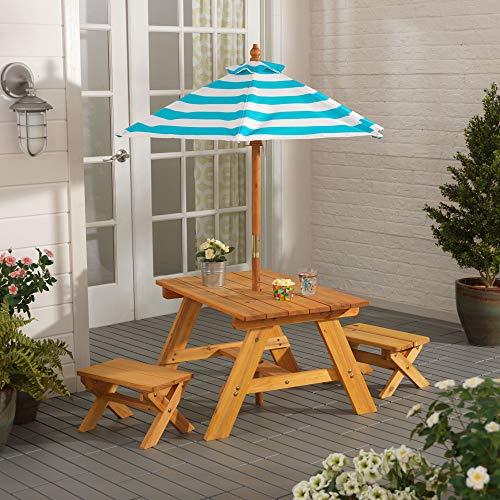 image for KidKraft Outdoor Wooden Table & Bench Set with Striped Umbrella, Child