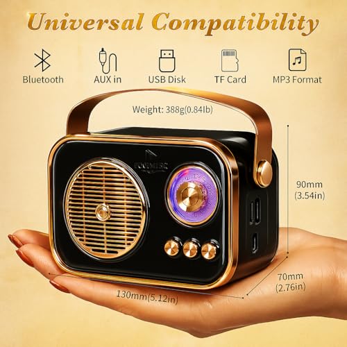 Image of Fire turtle Vintage Bluetooth Wireless Speaker | 10W RMS Loud Sound | Retro Design with Type-C Charging, 8H Battery Backup, USB & AUX Input, Portable Home &