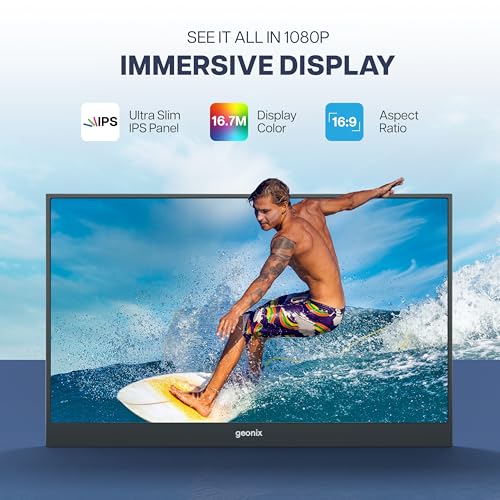 Image of GEONIX 15.6 inch Portable Monitor - Full HD 1080p IPS, 100% sRGB, Ultra Slim, USB-C & HDMI, Dual Speakers, Kickstand - Compatible with Laptop, Phone, PS5 /Xbox - 1 Year Warranty (Black)