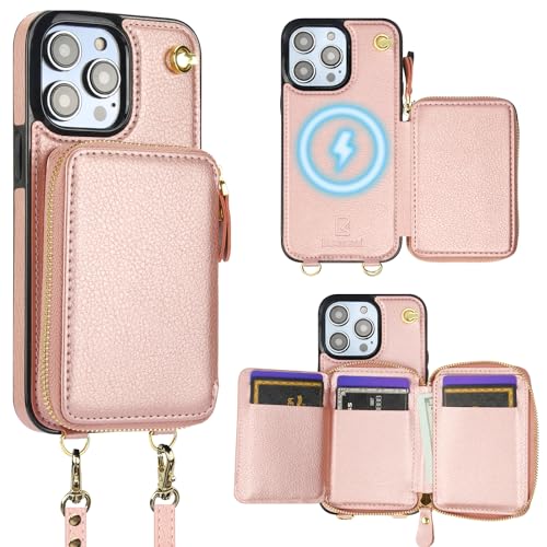 Bocasal for MagSafe Crossbody Wallet Case Compatible with iPhone 14 Pro Max, RFID Blocking Protective Purse Case with Card Slots Holder Kickstand Wrist Strap Lanyard Zipper 6.7 Inch 5G (Rose Gold) by Bocasal - Used condition - US$14.92