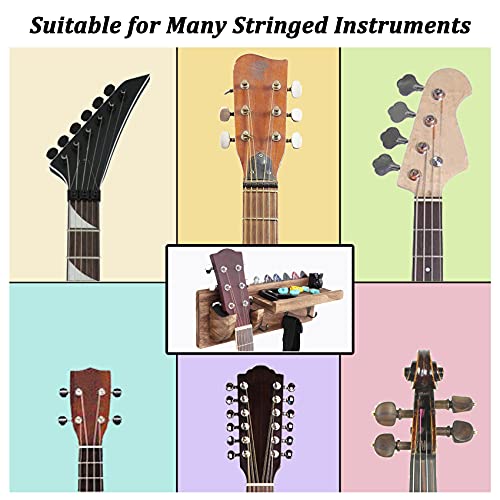 Bikoney Wall Mount Guitar Hanger Shelf with Pick Holder and 3 Hooks - Carbonized Black Guitar Holder for Acoustic, Electric, Bass, Ukulele [U.S. Patent] - Thumbnail 5