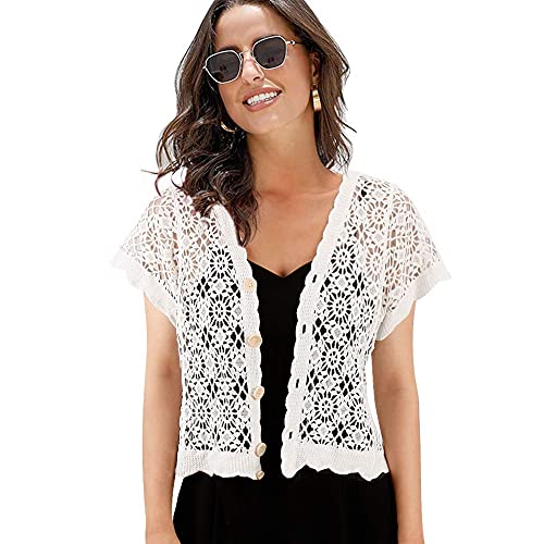 Image of Women Cardigan Hollow Out Floral Cardigans White Crochet Shrugs