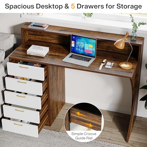 Image of Tribesigns Computer Desk with 5 Drawers, 47-Inch Home Office Desk with Monitor Stand and Printer Space, Modern Ergonomic PC Study Writing Table for Bedroom, Small Spaces, Rustic Brown & White