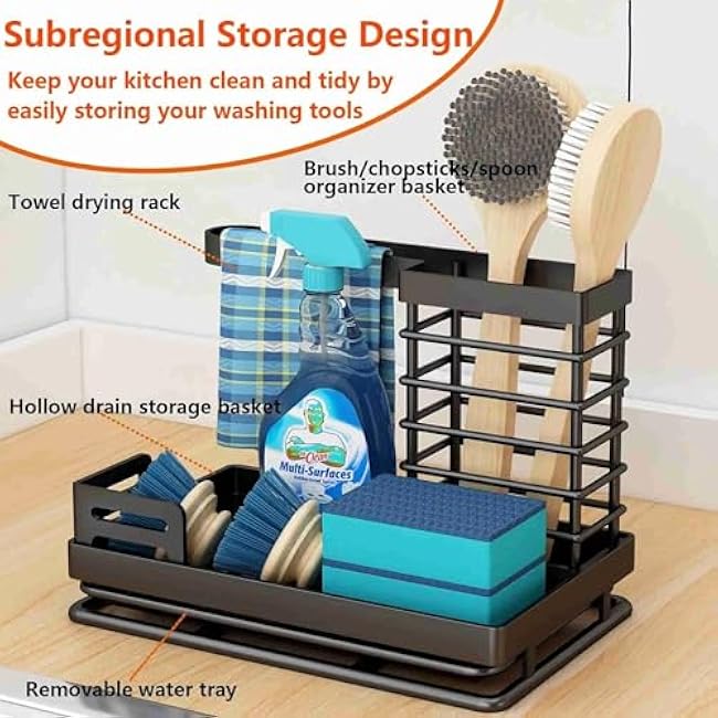 Kitchen Caddy Sink Organizer Stainless Steel Large Capacity Sponge Holder with Drain Pan Towel Bar Rustproof Quick Dry Design for Sponges Brushes Soap Dispenser Countertop Storage Kitchen Sink Rack