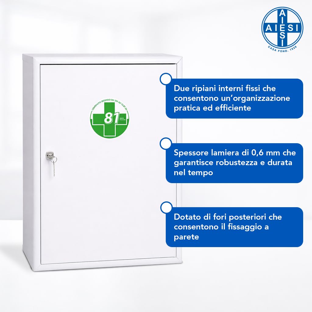 AIESI® Armadietto per medicinali da parete (cm 30x14x46h) in metallo con chiave fornito vuoto, Garanzia Italia 24 mesi