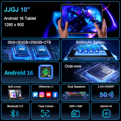 Image of Android 16 Tablet with Keyboard - 10 Inch Electronic Tablets, Black Case