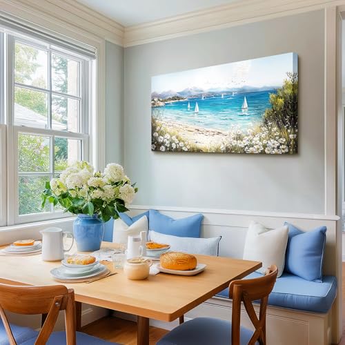 SERIMINO Coastal Landscape Large Wall Art, Beach Daisy Canvas Art Prints, Bay Sailboat Artwork for Walls, Nature Ocean Scenery Paintings Wall Decor Living Room Bedroom, Rustic Home Decor 20"X40"