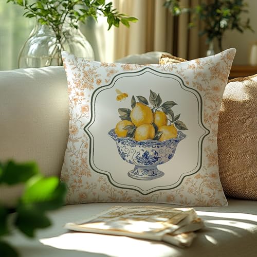 Image of Chinoiserie Lemon Summer Pillow Cover 18x18,Cottagecore Lemon Home Decor,Rustic Farmhouse Botanical Fruit Citrus Decorative Lumber Throw Pillow Cover for Home Bedroom Living Room