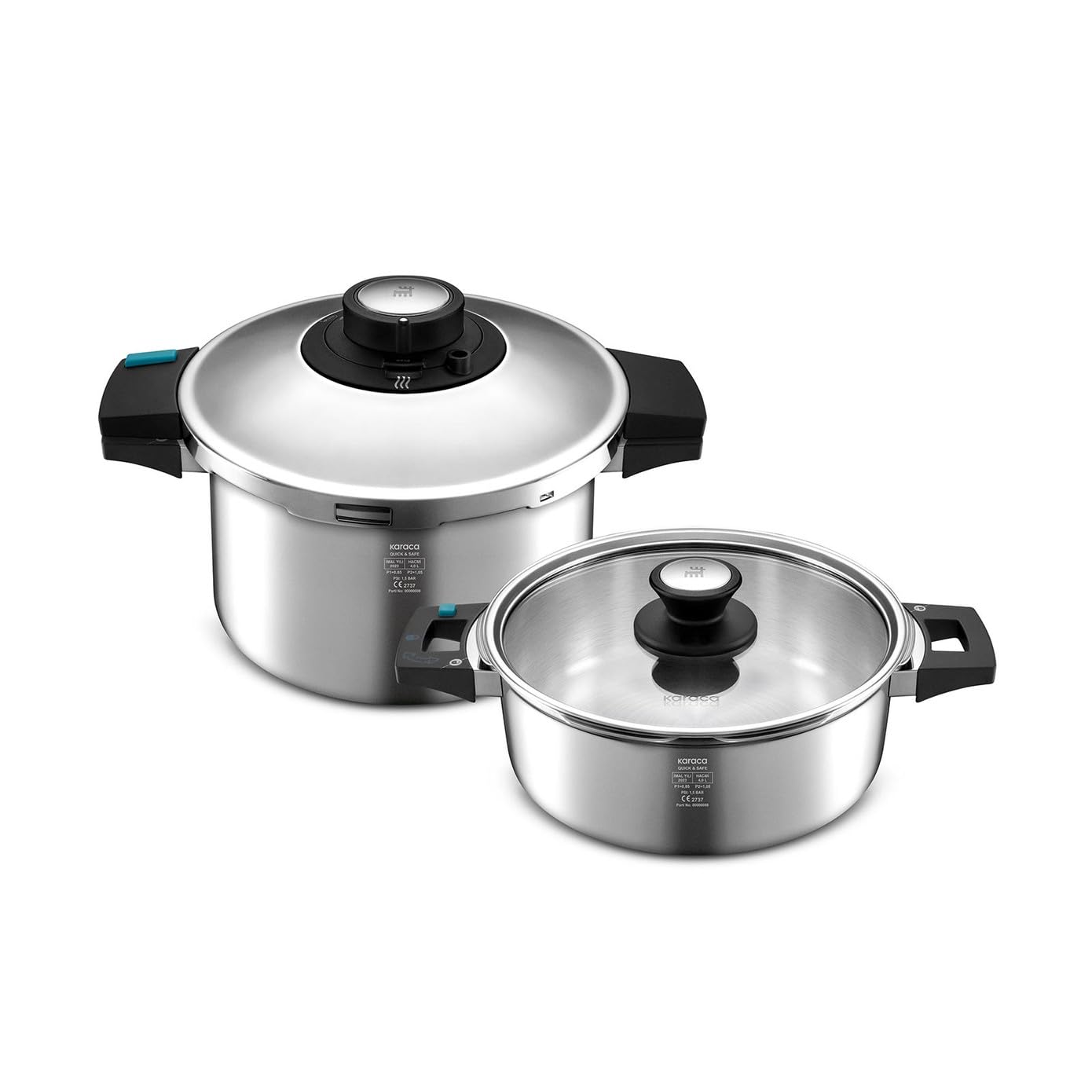 Karaca Quick & Safe 2-Piece Stainless Steel Pressure Cooker Set, 4L+6L, Induction Multi Cooker Pot, 2 Cooking Programs, Dishwasher Safe, All Hob Types, Silver (Small & Large)