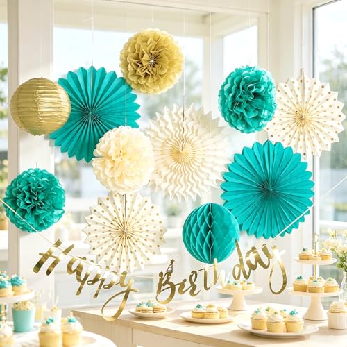 Image of SUNBEAUTY Teal and Gold Party Decorations Teal Birthday Decorations for Women Teal Blue Hanging Paper Fans Tissue Pom Poms Happy Birthday Banner for Baby Showers Wedding Engagement Party