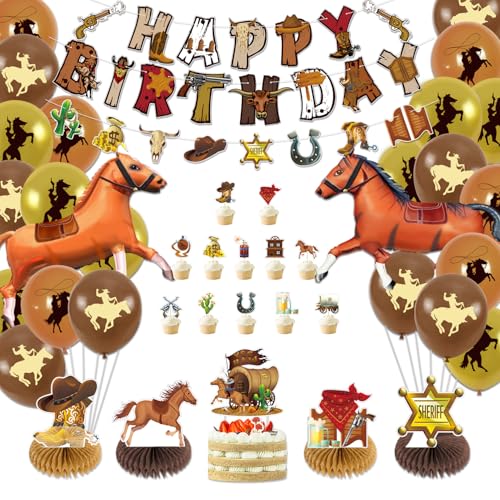 Cowboy partydekorationer – Happy Birthday-banderoller, ballonger, hästballonger, cupcake-toppar, bikake-centerdelar för födelsedag, dekorationer, tillbehör
