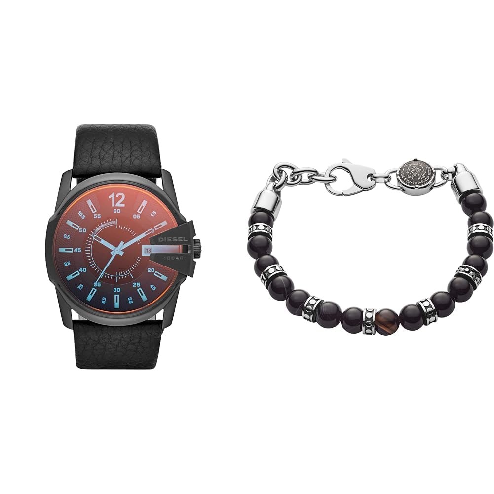 Diesel Hombre Master Chief Negro Cuero Reloj y Piedras Semipreciosas Pulsera, Set