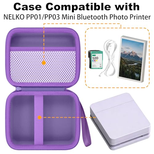 Image of Hard Case for Nelko PP01 /PP03 Color Mini Portable Printer, Shockproof Travel Carrying Case with Mesh Pocket & Hand Strap, Protective Storage Bag, Purple