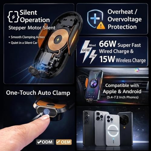 Image of GVC 66W Fast Charging Car Mount Wireless Charger | Auto-Clamp Smart Phone Holder with Infrared Sensor | Qi Wireless + Magnetic Support | Universal Car Mobile Holder for iPhone & Android