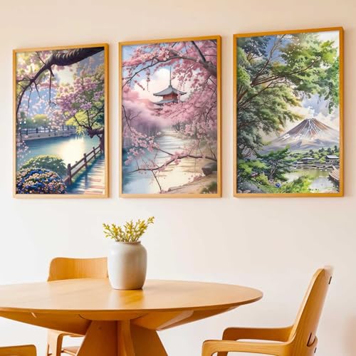 Image of kotart Big Aesthetic Japanese Nature Art View Framed Poster | Mount Fuji Wall Framed Posters for Living Room Bedroom Wall Decor Set Of 3 (19X25 inch)