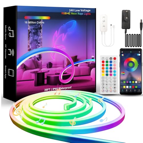 BUNACET Neon LED Streifen 8m, RGB+IC Neon Halloween-Röhre, 768 LEDs mit Fernbedienung & Netzteil, IP65 wasserdicht, Musik-Sync, 24V flexible Silikon-Beleuchtung für Innen/Außendekoration DIY