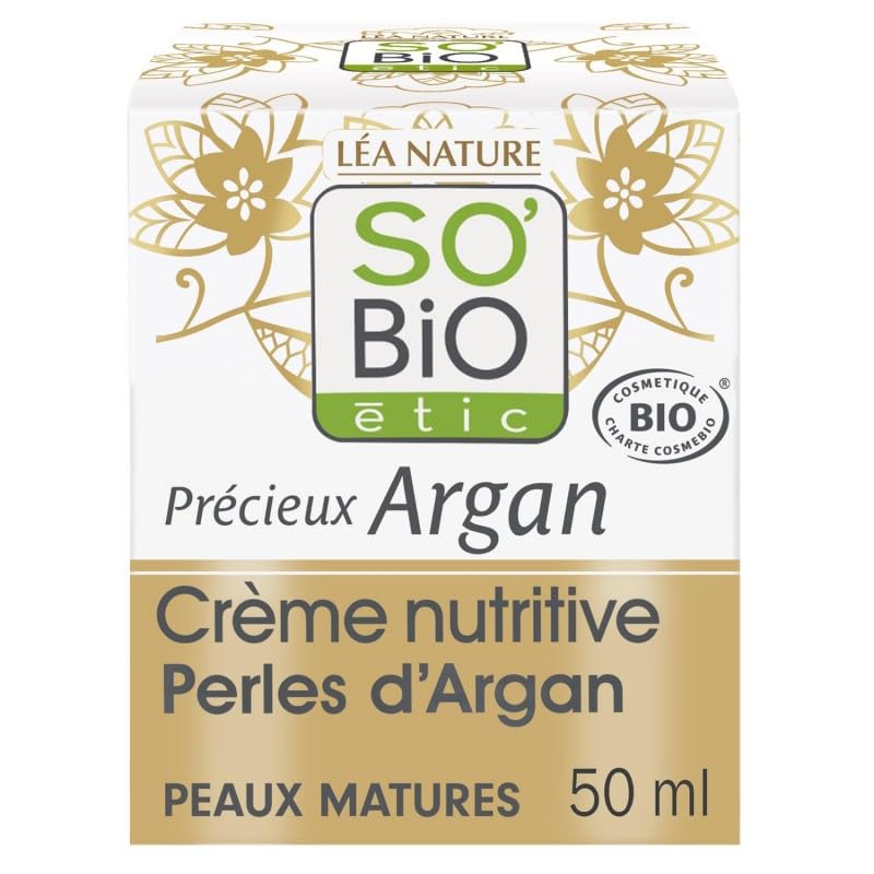 SO'BIO - Crème Nutritive Perles D'Argan pour Peaux Matures - 50mL : Hydratation et Nutrition Intense pour un Teint Éclatant - Soin Visage Naturel et - Vendu Par Unité