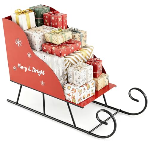 CHEFJOY Metal Christmas Santa Sleigh Basket Red Christmas Sleigh Decoration for Gift Storage Santas Gift Sleigh for Holiday Displays Festive Decorative Sleigh Cart for Indoor Outdoor Home Party