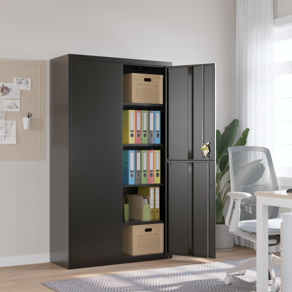 Armadietto portadocumenti nero, 105 x 40 x 180 cm, in acciaio verniciato a polvere, con 4 ripiani, chiudibile, ideale per ufficio, casa, archivio, documenti, cartelle, cartelle sospese