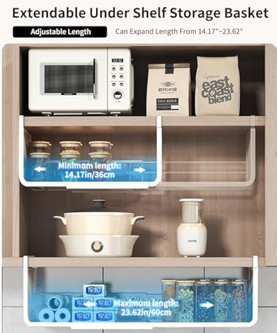 Expandable Under Shelf Basket Organizer, Under Shelf Storage, Hanging Baskets Under Cabinet for Pantry Kitchen Cupboard Desk Counter Bookshelf Space Saver Heavy Duty Slide-in (white, 2 Pack)