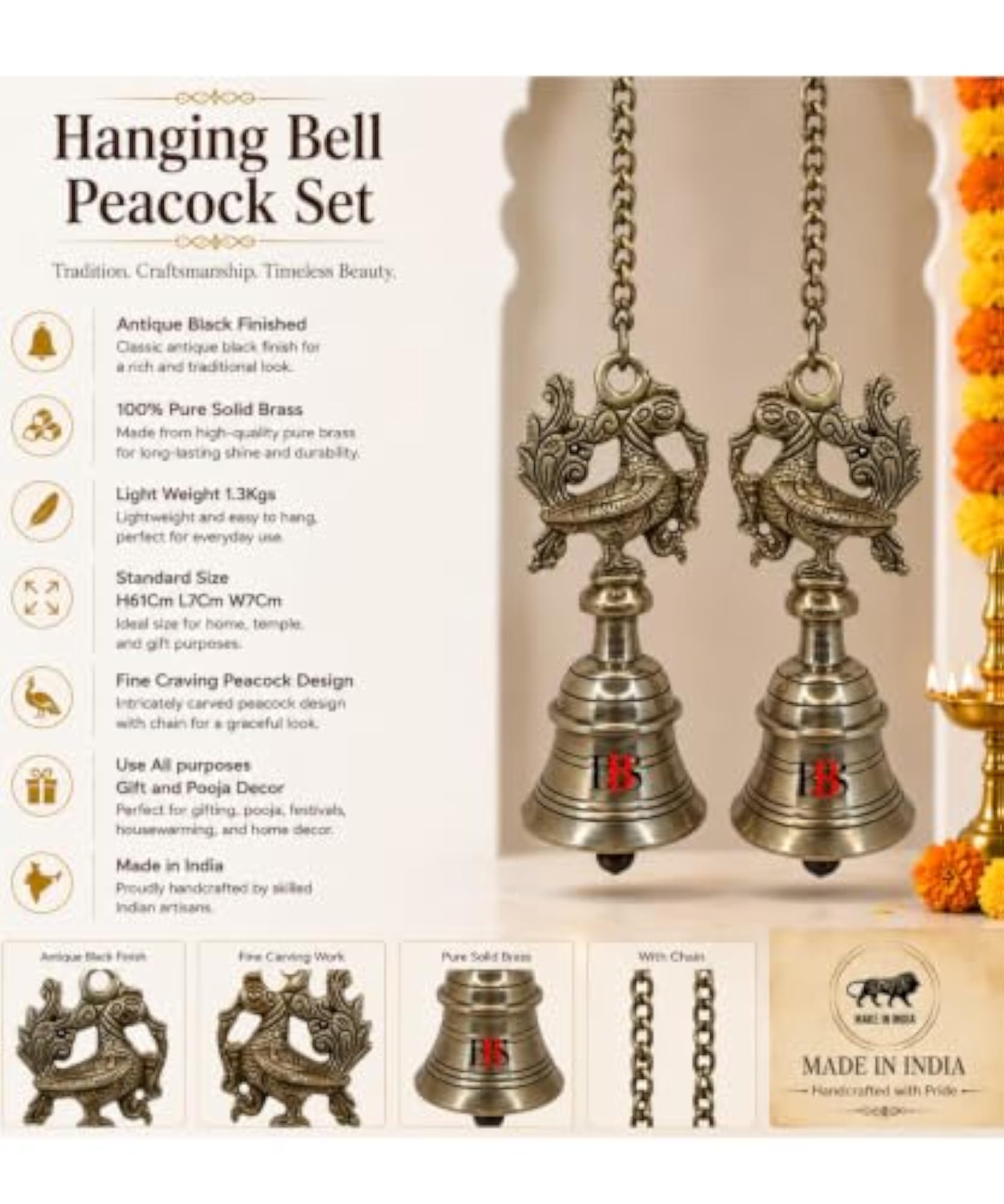 Hanging Bell Set with Chain, Decorative Home Accent