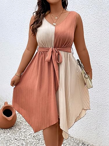 Image of SOLY HUX Women's Plus Size Color Block Dress V Neck Sleeveless A Line Asymmetrical Hem Belted Dresses