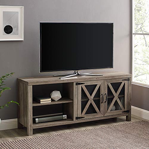 Walker Edison Farmhouse X Cabinet Wood Universal Tv Stand For Tv's Up To 64" Flat Screen Living Room Storage Cabinet Doors And Shelves Entertainment Center, 58 Inch, Grey Wash #TOP9