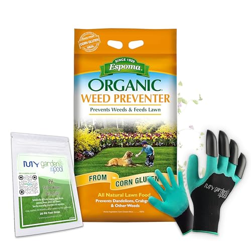 MYGP Organic Weed Preventer 25 lb Natural Lawn Fertilizer & Weed Control Corn Gluten Meal Granules Includes Gardening Claw Gloves & Soil pH Test Strips Covers 1 250 sq ft