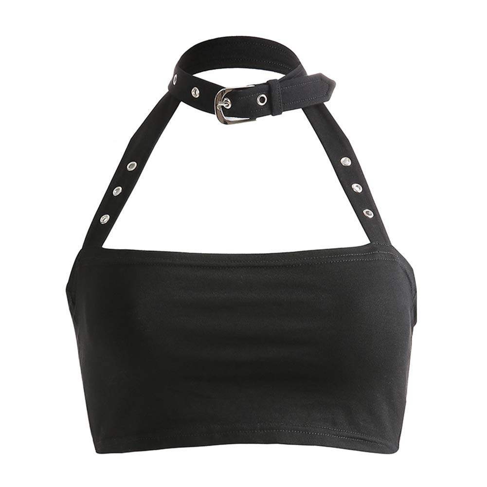 Bontand Women's Black Cotton Halloween Punk Choker Halter Top Backless Buckle Top Clothes Camisole Sexy Tops Cropped Gothic(Size M)