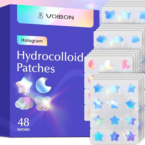Voibon Hologram Pimple Patches for Face, Cute Hydrocolloid Acne Patches, Salicylic Acid & Tea Tree Colorful Star Spot Stickers,Zits & Blemish, Pink Moon Blue Cloud Butterfly Zit Patches 12MM(48 Count)