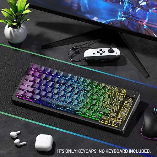 Image of HITIME XVX Shine Through Keycaps w /IMD Tech, Custom Topographic Keycaps 60 75 100 Percent, Black Key Cap Set Lines Backlit, OEM Profile Side Printed for Keyboards