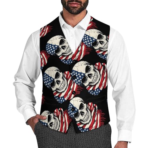 USA Flag Skull Scarf Men's Suit Vests Business Formal Dress Vest V-Neck Waistcoat for Wedding Casual
