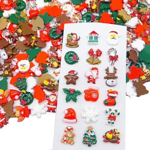 FULUSODO 100pcs Christmas Embellishments Set Flat Back Bulk Mixed Resin Ornament Scrapbooking Set