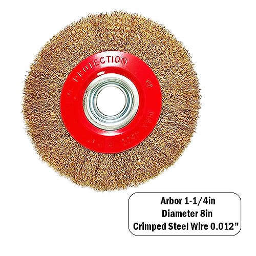 Image of 8in Bench Wire Wheel Brush | Coarse Crimped Steel Wire 0.012 inch with 1 /2 inch 5 /8 inch 3 /4 inch 7 /8 inch 1 inch Arbors for Bench Grinder Brass Coated Steel- 2pcs