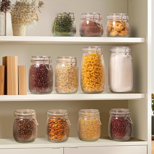 Image of ginoya brothers Airtight Glass jar with lid Storage Containers,Glass Canister, Mason Jars, Small Striped Clip Fastening Jar for Kitchen Canning, Overnight Oats, Pickle, Spice. (6, 750 ML)