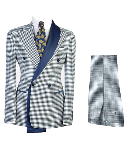 Men's Slim Fit 2 Piece Suits Plaid Formal Suit Double Breasted Prom Wedding Business Tuxedo Blazer Pants