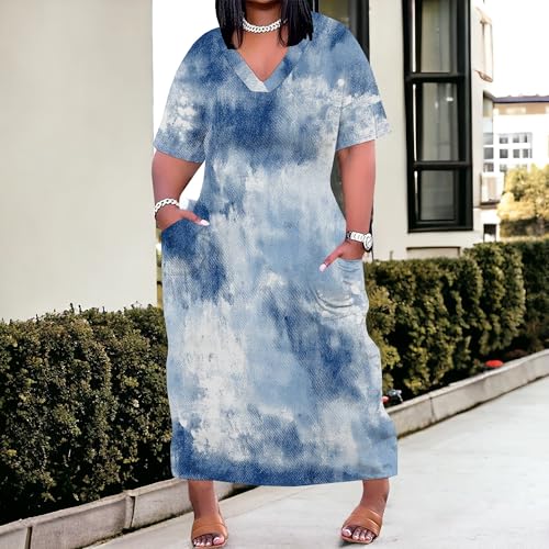 Image of Plus Size Maxi Dress for Women Short Sleeve V Neck Casual Loose Sundress with Pockets