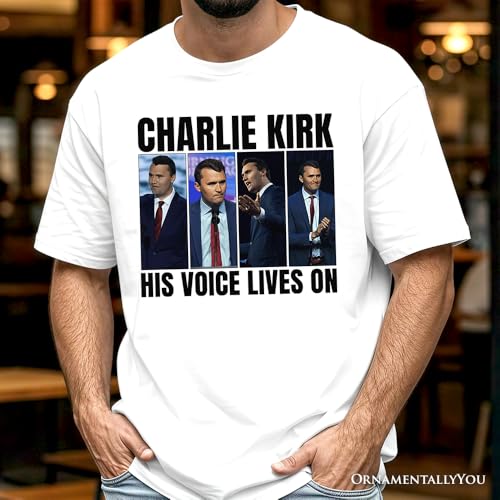 His Voice Lives On Charlie Kirk Graphic T-Shirt, Womens or Mens Patriotic Republican Tee3