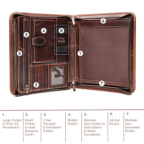 Handmade Full Grain Leather Portfolio Organizer, Leather Padfolio For Women & Men, Leather Folder/Leather Binder For Resume Folder & Organizer, Business Supplies By Luxeoria | (Large - Brown) #TOP5