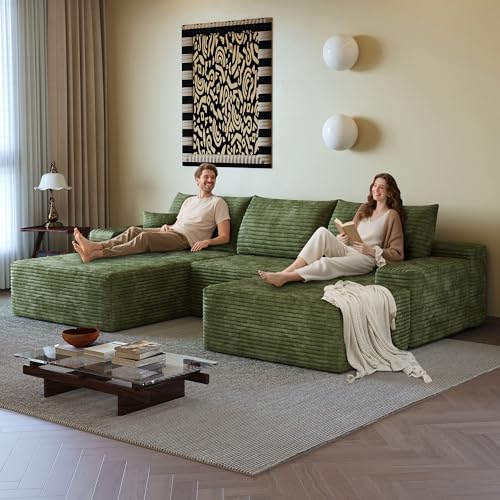 Image of 108 inch Sectional Couches for Living Room Cloud Couch Sofa with L-Shape Upholstered Boneless Couchs Modern Modular Sectional Couch with Chaise (Green, 108 inch Left Facing Chaise+2Seaters+1Ottoman)