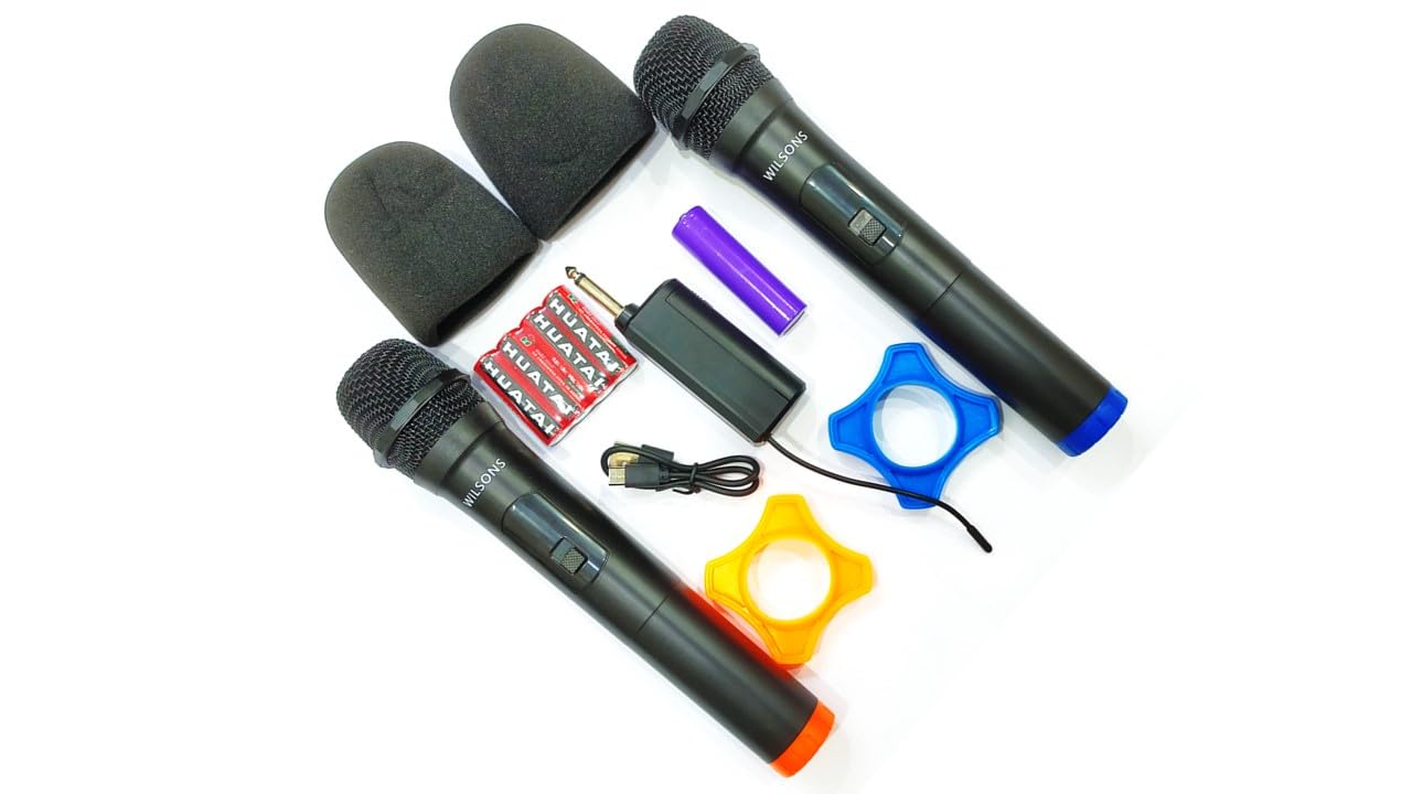 Wilsons Set of 2/ Dual Wireless Microphones, UHF Karaoke Dynamic mic with Type C Rechargeable Receiver 6.35mm Jack, 30-50 ...