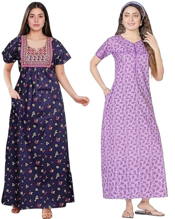 niloufo Women’s Cotton Printed Nighty – Pack of 2 | Full Length Nightgown for Women | Soft & Breathable Cotton Sleepwear | Short Sleeve Maxi Night Dress-picture-36