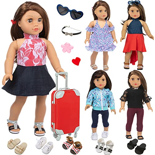 Ecore Fun 17 Pcs 18 Inch Doll Clothes and Accessories Included 5 Sets Doll Outfits 5 Pairs of Random Doll Shoes and Doll Travel Luggage Hair Clips Necklace Sunglasses Fit for American 18 inch Doll