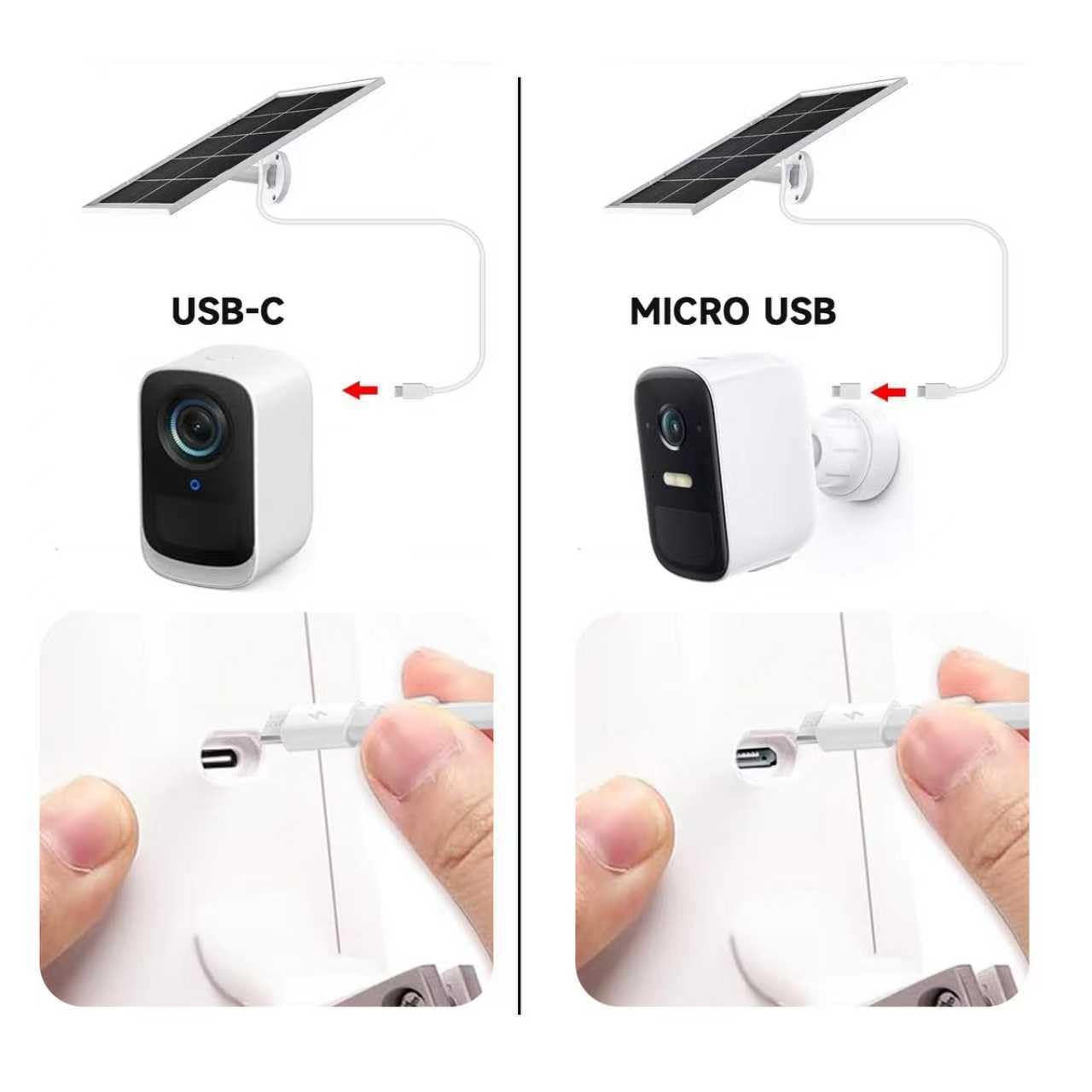 Lot de 4 panneaux solaires 7 W pour caméra de sécurité pour caméra de sécurité extérieure à batterie rechargeable CC 5 V, support de sécurité réglable à 360 ° – Câble micro USB et USB-C de 3 m