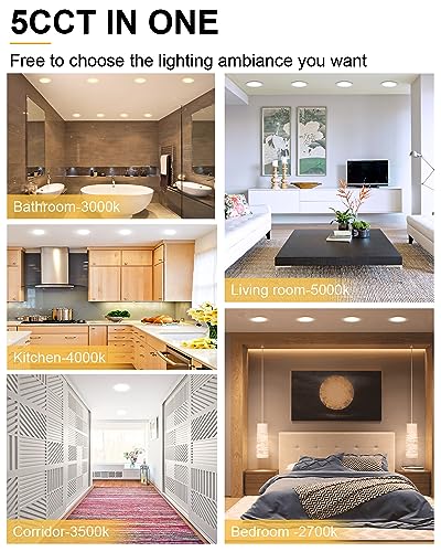 Image of ZYC 8 Inch Recessed Lighting - 18W 1802LM Black Recessed Lighting,Dimmable 5CCT 2700K /3000K /3500K /4000K /5000K Selectable,IC Rated,Ultra-Thin Dimmable Canless Wafer Downlight Pack of 6 Black.